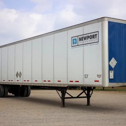 Newport dry van trailer with a blue front panel