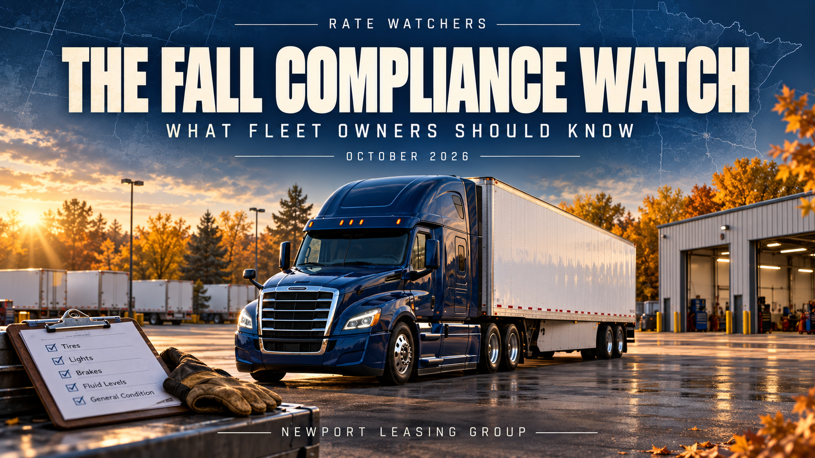 The Fall Compliance Watch: a blue tractor and white dry van in an autumn fleet yard, with an inspection checklist in the foreground.