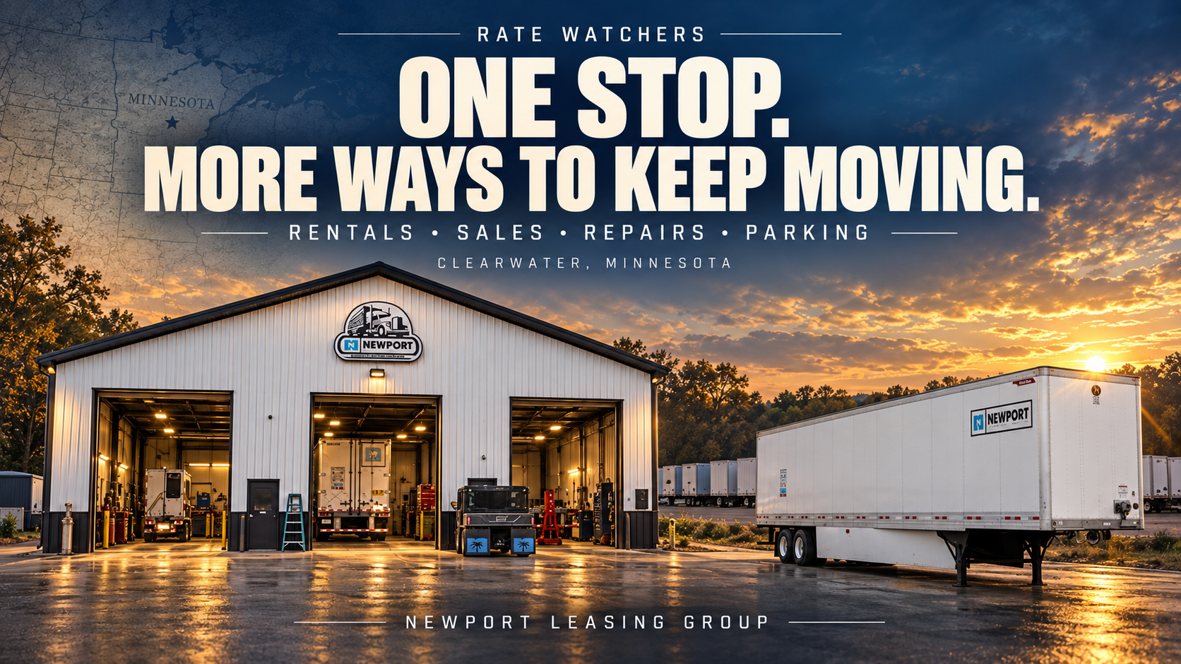 Illustrated cover: One Stop. More Ways to Keep Moving — Newport’s shop and trailer at sunset.