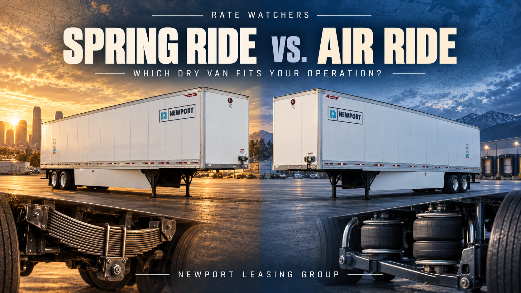 Illustrated cover: Spring Ride vs. Air Ride — two Newport dry vans with leaf spring and air suspension details.