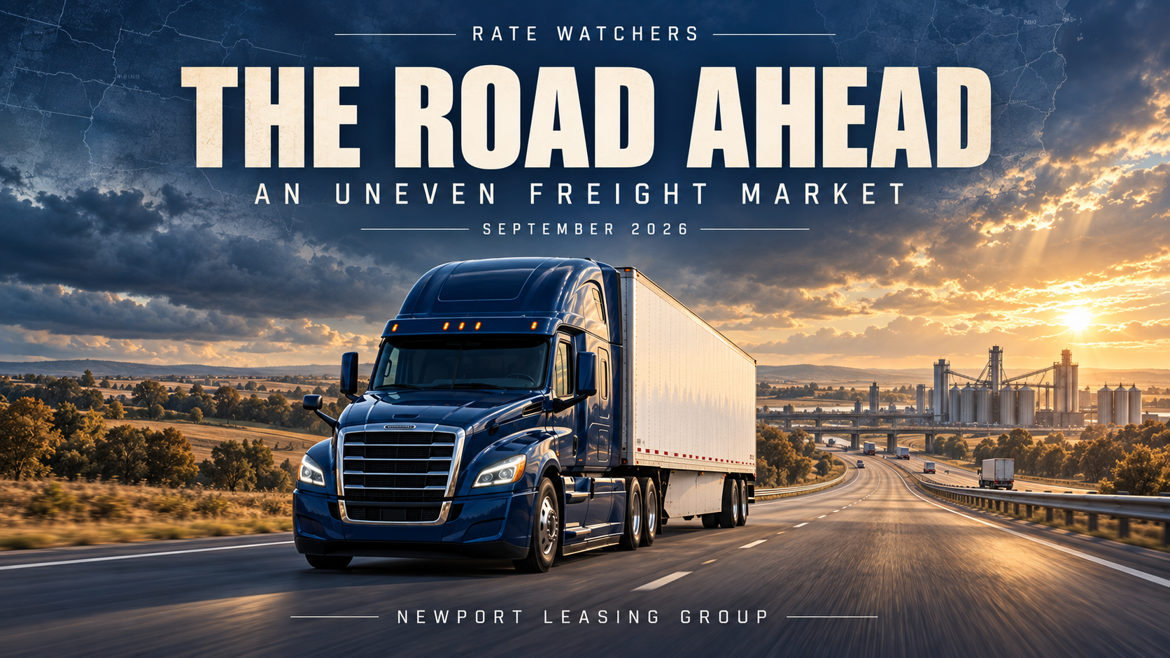Illustrated cover: The Road Ahead — a blue tractor and white dry van beneath a dramatic sunset.